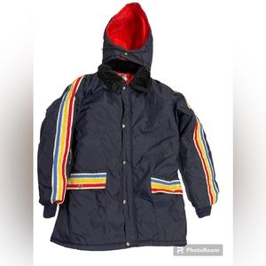 Vintage Hooded Jacket Striped UPC Winter Insulated 
Sz Large Made in USA Blue